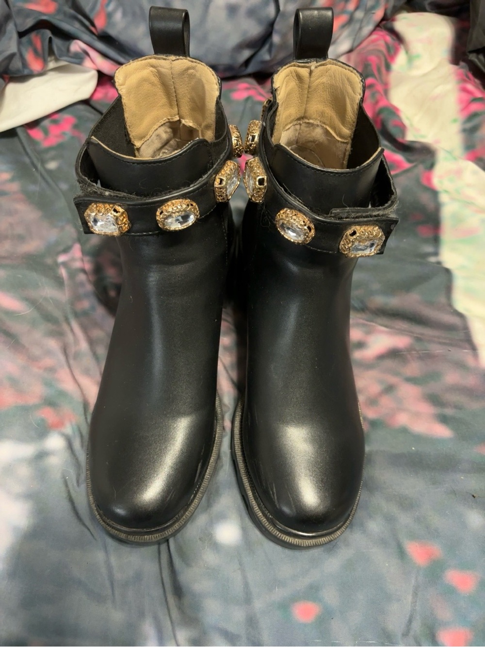Steve Madden Black Ankle Boots with Gold Jewel Accents